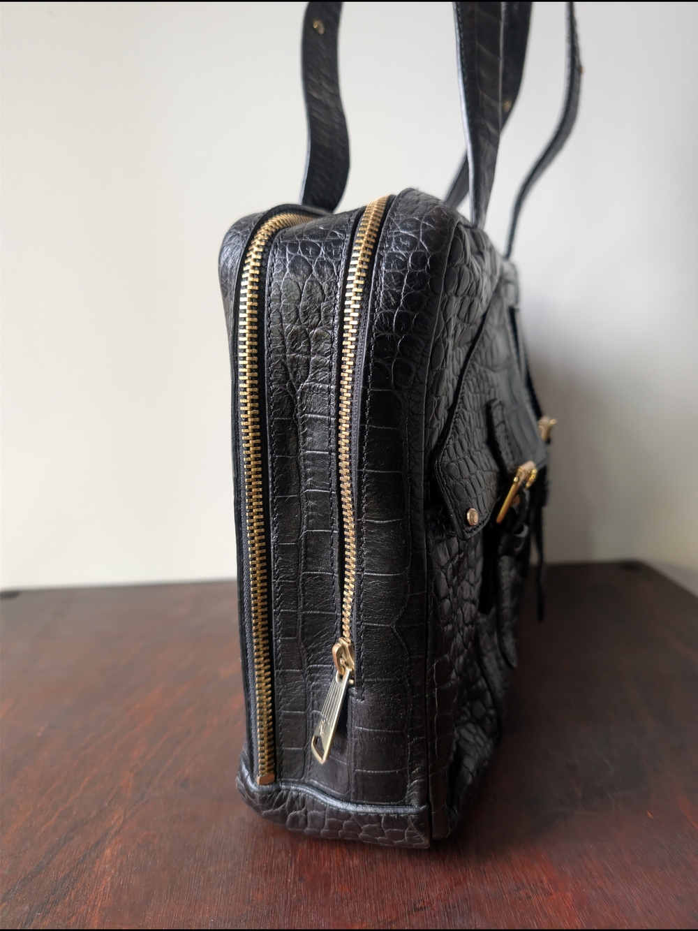Lauren Ralph Lauren Black Embossed Croc Leather Double Zip Briefcase Tote Bag - Picture 4 of 8